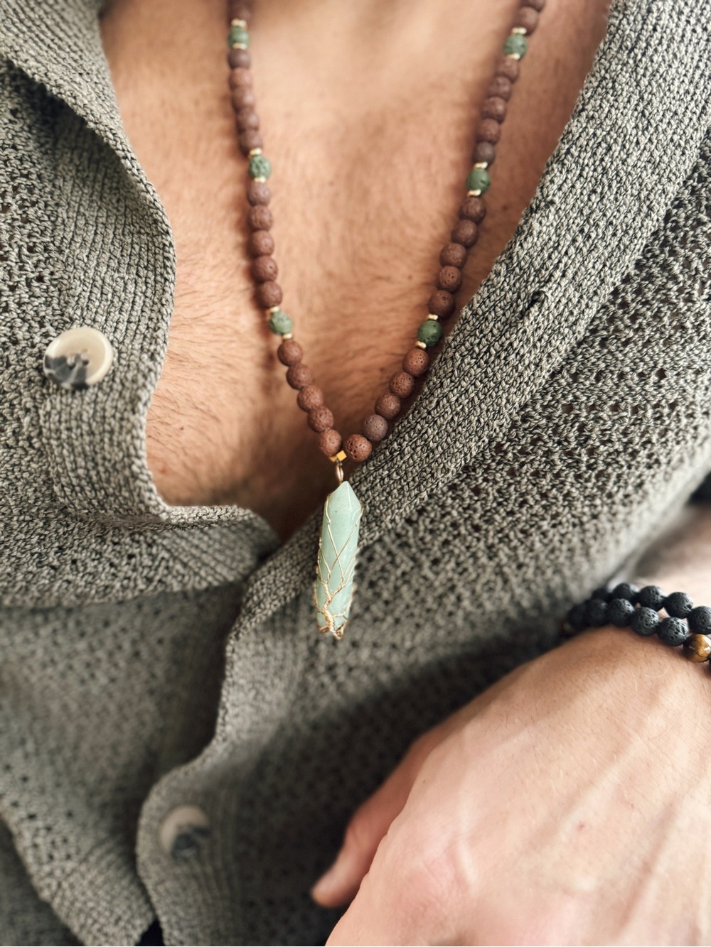 Handmade Unisex Brown Lava Rock Beaded Necklace w Green Aventurine Stone Pendant
